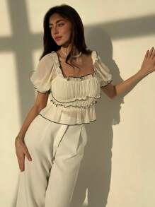 Aloruh Apricot Color Layered Contrast Trim Puff Sleeve Slim Fit Blouse For Women, Romantic Date Outfit