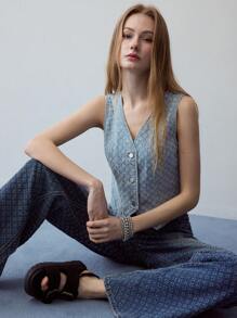 MOTF STUDIO TEXTURED SINGLE BREASTED DENIM VEST - Blue - View 1