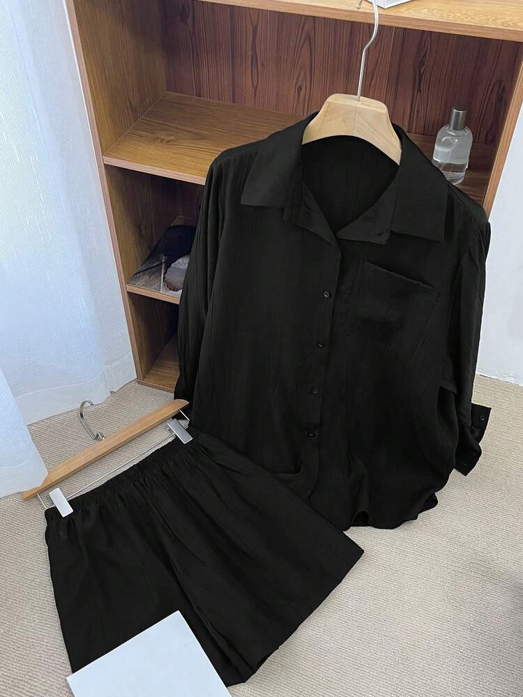 2pcs Women Textured Solid Loose Blouse And Shorts Set, Spring/Summer/Autumn