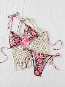 Swim Mod 女士豹纹花朵图案 3D 花卉泳衣套装，适合夏季海滩度假 - 彩色 - 查看 1