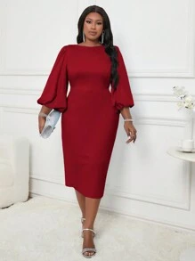 Fleurora Plus Size Solid Color Round Neck Elegant Long Sleeve Dress - Red - View 7