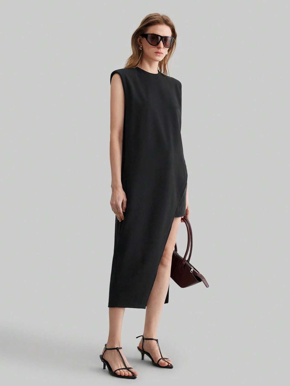Women's Black Chic Office Summer Sleeveless Top,Urban Casual Wide Shoulder Asymmetric Hem High Slit Mid-Length Top,Bohemian Beach Vacation Outfit