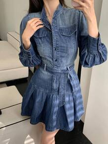 DAZY Women Short Pleated Tie-Front Long Sleeve Denim Dress