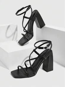 CUCCOO SZL Black Strap Combination Ankle Strap Square Toe Chunky High Heel Sandals, Fashionable For Commuting, Date Night, Party, Formal Occasions Spring Shoes Spring Break Easter Prom Heels - Black - View 10