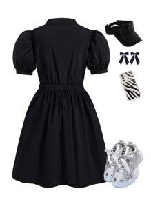 SHEIN 1件套时尚黑色休闲连衣裙，适合青少年女孩 - 黑色 - 查看 7