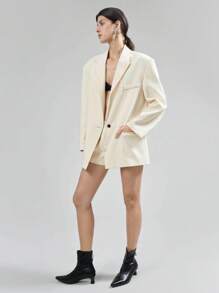 Ontre 杏色短裤套装，超大设计长袖套装，复古风格工作服办公室套装，宽肩带女式西装外套，红色长袖翻领 - 杏色 - 查看 7