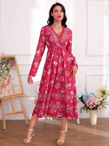 SHEIN 女士新款优雅碎花宽松收腰长袖连衣裙，休闲母女装（3 件分开出售）