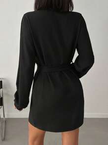 SHEIN PETITE Black Lantern Sleeve Belted Short Dress - Black - View 2