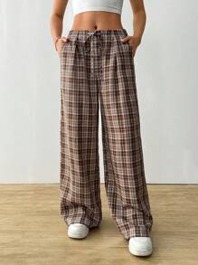 SHEIN EZwear Women's Casual Loose Plaid Drawstring Waist Long Pants - Multicolor - View 1
