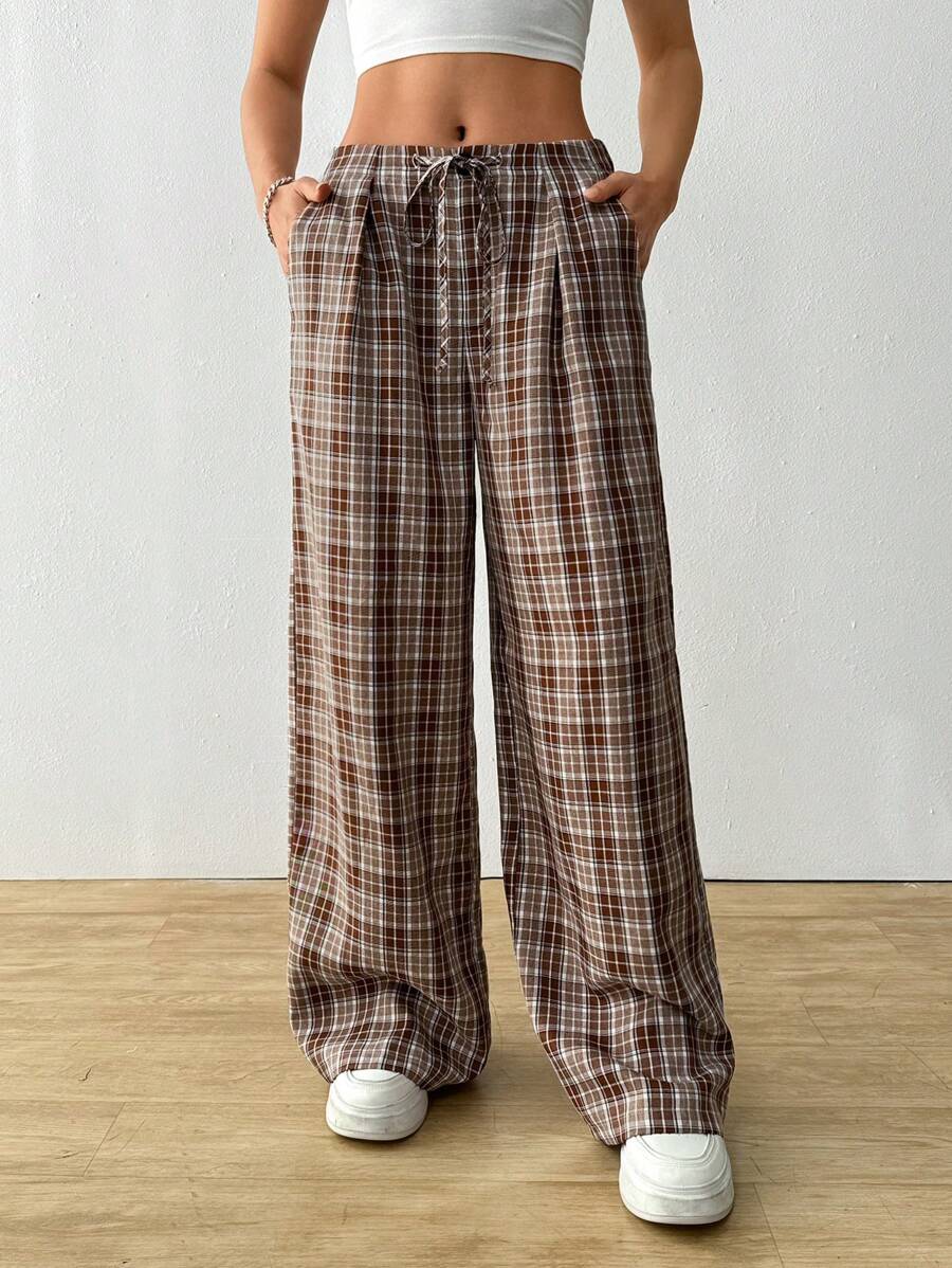 SHEIN EZwear Women's Casual Loose Plaid Drawstring Waist Long Pants - Multicolor - View 1