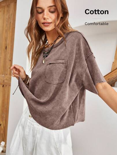 Bohemela Camiseta casual de verano suelta para mujeres con cuello redondo, bolsillo de parche y unicolor