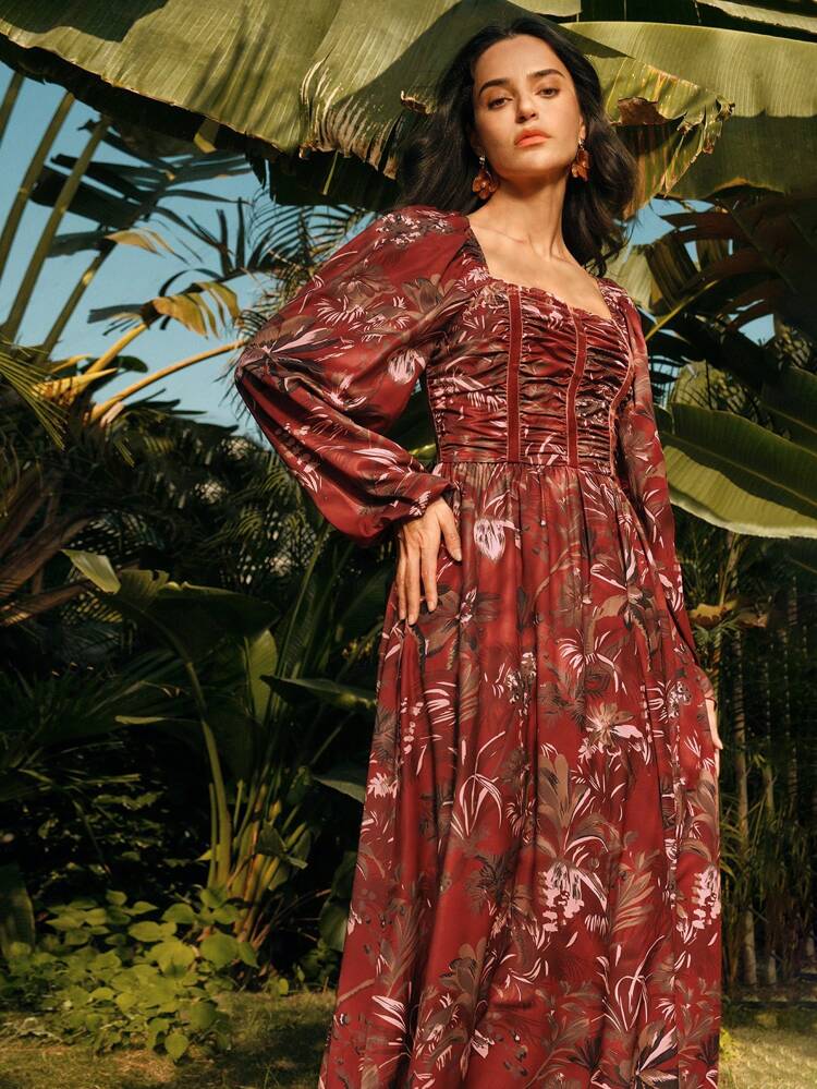Ladies Woven Brick Red Joker Floral Elegant Long Dress Spring/Summer, Vacation
