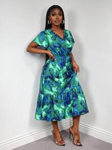 SHEIN LUNE Women V-Neck Printed Pattern Short Sleeve Dress - Multicolor - View 5