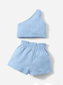SHEIN 女婴两件套休闲度假抽绳腰带，适合夏季 - 藍色 - 查看 2