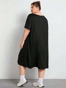 SHEIN CURVE+ Loose Fit Super Plus Size Comfortable Stretchy Long Short Sleeve Black Casual Dress, Basic Versatile Summer