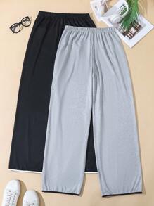 SHEIN 2 Pcs Women Casual Contrast Color Trim Lounge Cozy Pants Set, Fall Winter Clothes - Multicolor - View 2