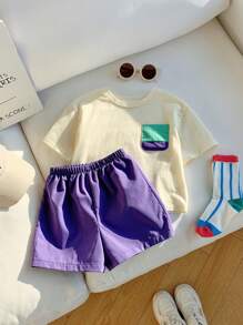 SHEIN 2pcs/Set Baby Boy Casual Korean Style Color Block Patch Pocket Crew Neck Pullover T-Shirt And Solid Woven Shorts Set, Suitable For Spring & Summer - Purple - View 4