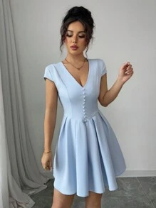 Elenzga Women's Light Blue V-Neck Cinched Waist Button Decor Mini Dress - Blue - View 6