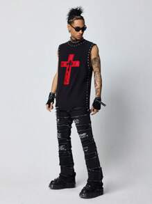 ROMWE MEN Street Life Men's Punk Cross Print Round Neck Casual Tank Top - Black - View 2