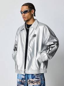 ROMWE MEN Street Life Men's Fashion Metallic Graphic Print Racing Jacket - Silver - View 3