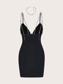 SHEIN ICON 蝴蝶结装饰高端吊带背心迷你连衣裙，俱乐部连衣裙 - 黑色 - 查看 2