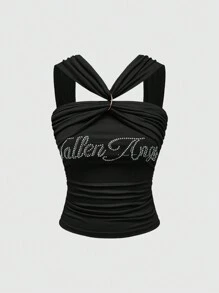 ROMWE Grunge Punk Retro Rhinestone Asymmetrical Strap Backless Tight Fit Women Tank Top
