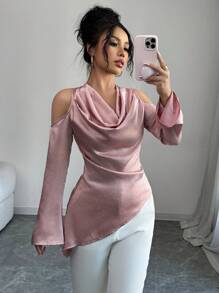 Modelyn 女士深 V 领修身长袖编织粉色衬衫 - 粉色 - 查看 1