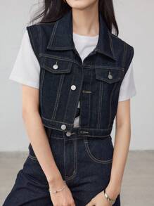 Dazy-Less Women Short Denim Vest Top - Dark Wash - View 6