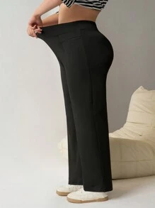 SHEIN EZwear Plus Size Black High Stretch Form-Fitting Yoga Fabric Straight Leg Pants, Spring/Summer