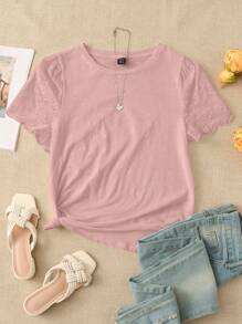EMERY ROSE Solid Eyelet Embroidery Scallop Trim Tee - Baby Pink - View 5