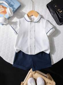 SHEIN 2 件套男婴休闲彼得潘领撞色短袖衬衫和松紧腰短裤套装，适合生日派对、洗礼、1 岁生日庆祝、晚会、表演、婚礼、婴儿洗礼、春夏装 - 藍色 - 查看 8