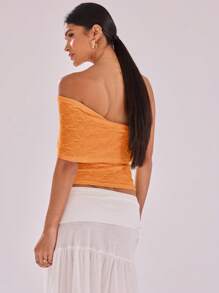 MUSERA Textured Mesh Detail Asymmetrical Neck Cap Sleeve Top Casual Vacation Top Holiday Festival Night Out Going Out Tops Club Fall Summer Spring - Orange - View 2
