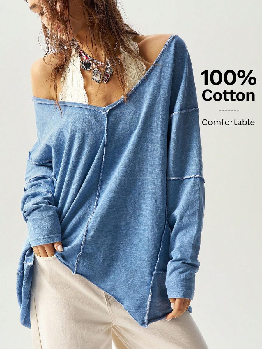 Bohemela Boho Women's Casual Solid Color V-Neck Long Sleeve Loose Washed Knit T-Shirt - Blue - View 1