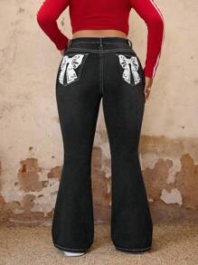 SHEIN ICON 大码前扣口袋蝴蝶结印花休闲牛仔裤 - 黑色 - 查看 1