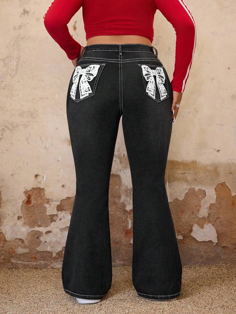 SHEIN ICON 大码前扣口袋蝴蝶结印花休闲牛仔裤 - 黑色 - 查看 1