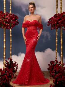 Glamrae 优雅红色奢华 3D 仿亮片露肩蝴蝶结装饰腰部网眼透视鱼尾礼服，带拖尾的婚礼宾客礼服，派对礼服，晚礼服