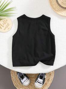 SHEIN Niemowlę Chłopięcy i Dziewczynek Luźny Jednolity Kolor Angielskie Litery Graficzny Bez Rękawów Tank Top, Nadaje Się Do Codziennego Noszenia, Na Zewnątrz, Sport, Sezon Wiosna/Lato