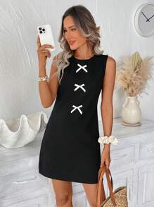 SHEIN LUNE 女士无袖纹理简约休闲宽松复古蝴蝶结领连衣裙，适合春夏秋冬老款风格女性 - 黑色 - 查看 6