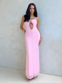 Aloruh Damen neues sexy Cut Out Bandeau figurbetontes langes Kleid für Valentinstag - Pink - Übersicht 5