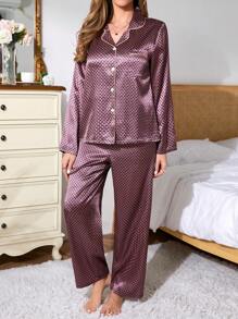 SHEIN EverLounge Conjunto de pijama minimalista de manga larga con botones frontales y pantalones para mujer