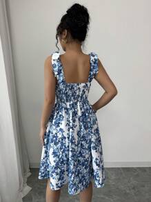 Elenzga 女士优雅日常清新蓝色花卉紧身 A 字形吊带连衣裙 - 藍色 - 查看 2