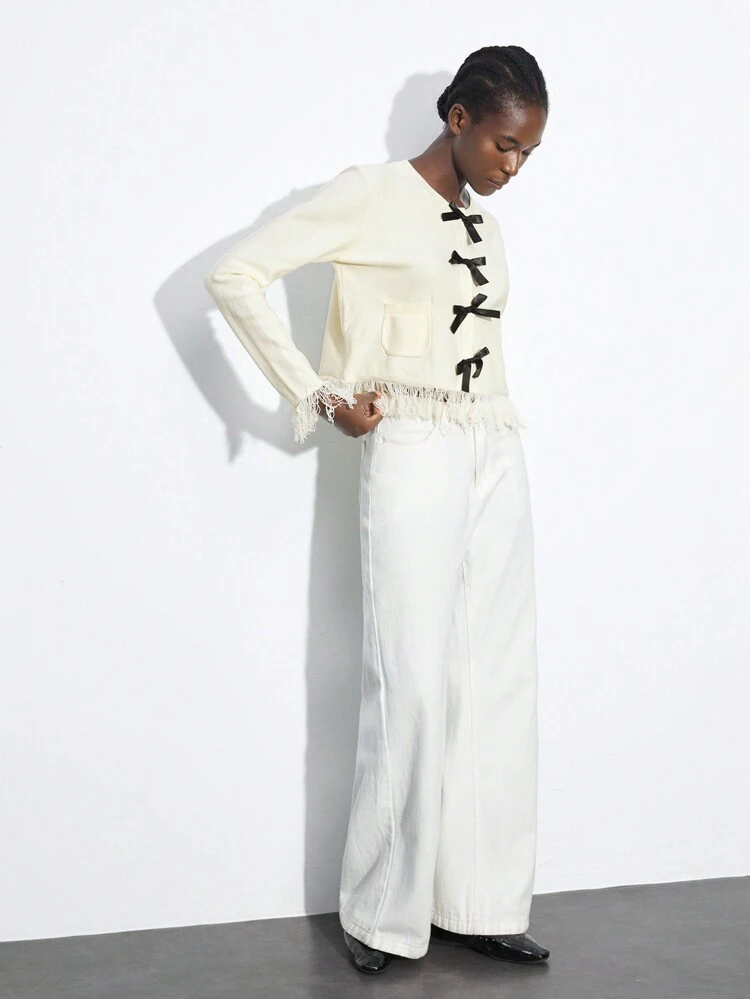 SHEIN Maija Women's Contrast Color Fuzzy Hem Bow Accent Cardigan, Comfortable Modern Elegant Loose Drop Shoulder Round Neck Front Open Long Sleeve Knitted Going Out Tops Women Concert Women Vacation Woman Cute