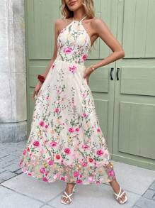 Breezaya Elegant Apricot Backless Tie Waist A-Line Floral Embroidered Dress - Apricot - View 6