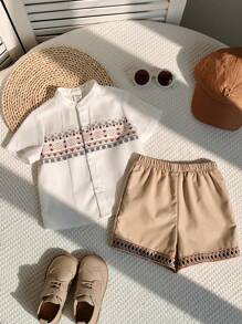 SHEIN 2 件套新生男童和女童休闲花朵复古印花亚麻舒适短袖立领衬衫和短裤套装，适合外出、节日派对、居家、春夏 - 白色 - 查看 6