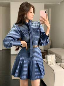 DAZY Women Short Pleated Tie-Front Long Sleeve Denim Dress