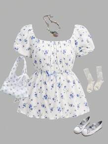 Wildeya Elegant Ditsy Floral Crew Neck Fitted Short Sleeve T-Shirt For Teen Girls, Casual All-Match Versatile, Suitable For And School, Suitable For Spring And Summer, Girls Exquisite Clothing, Princess Style, And Cute, No Traditional Patterns, Mainly Floral/Partial Decoration