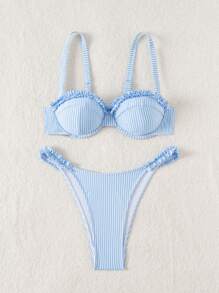 Swim Mod Women Striped Frilled Sexy Ruffle Detail Beach Bikini Swimwear, Summer Vacation Outfits - Blue and White - View 6