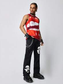 ROMWE MEN Street Life Men's Grunge Punk Casual Face Graphic Print Straight Leg Jeans - Black - View 3