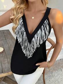 Chiquease 1st Dames Sling Top met kwastjes en ongelijke zoom, vakantie retro print