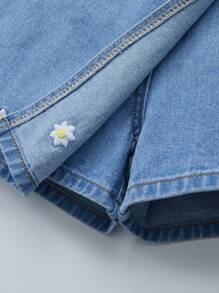 Tween Girls Floral Embroidered Denim Shorts, Loose Relaxed Fit Drawstring Waist Summer Casual Shorts - Light Wash - View 4